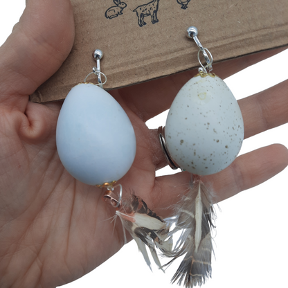 Blue Quail Egg Feather Boho Handmade Earrings